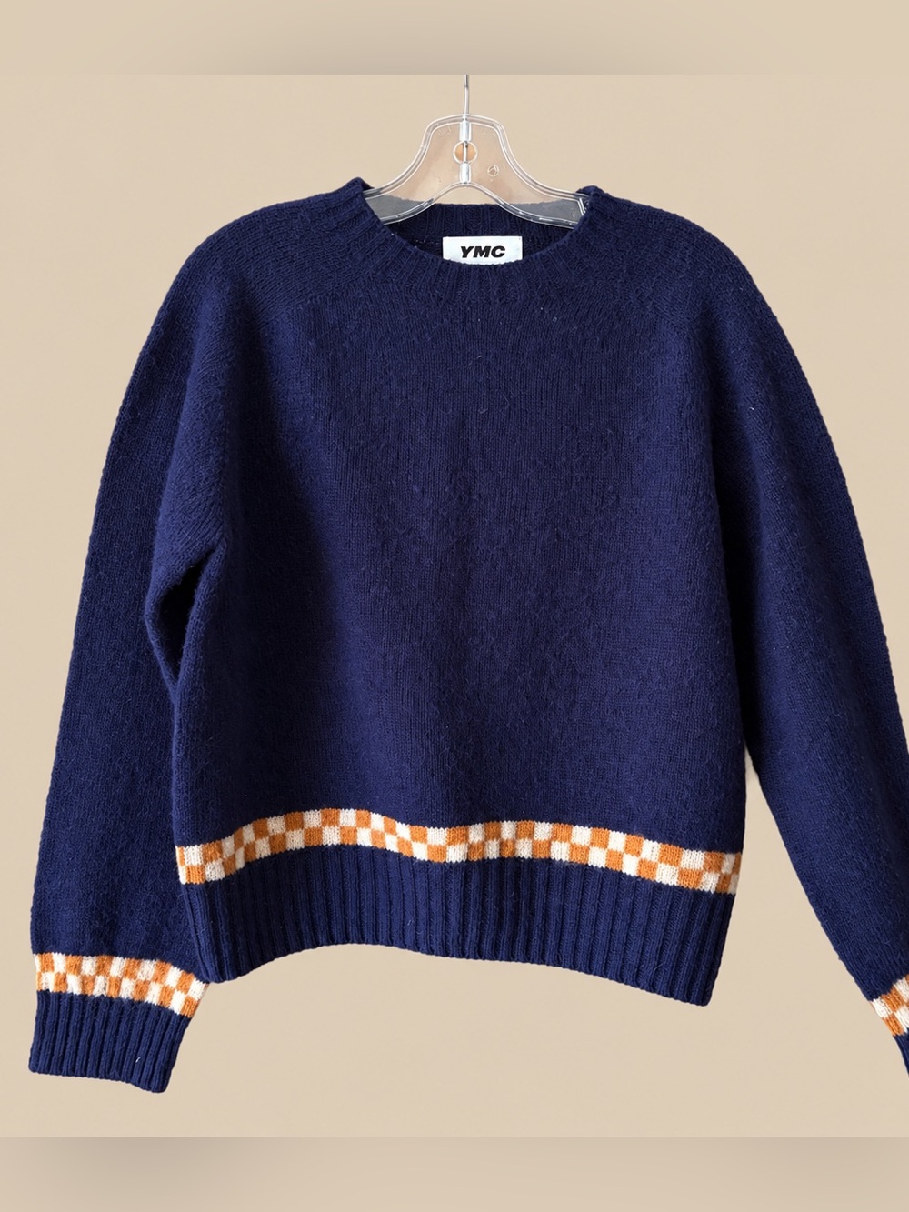 YMC 100% Lambswool Crewneck Navy Check Sweater M